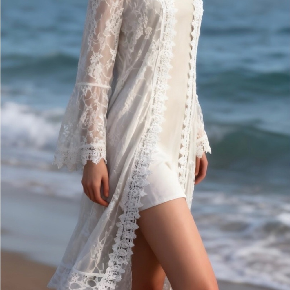 White lace duster cardigan, swimsuit cover-up by Polly & Esther, NWOT